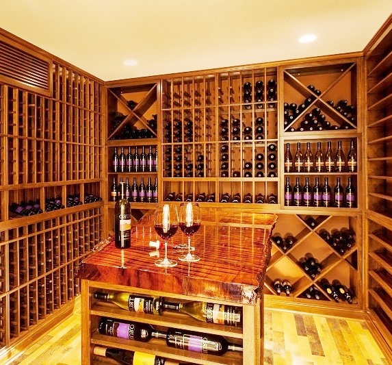 Unique California Home Wine Cellar with Mahogany Wine Cellar Racks 