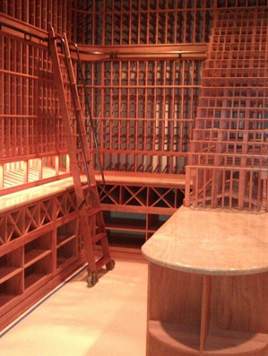 Wine Cellar Construction - Wine Racks in All Heart Redwood and a Rolling Ladder