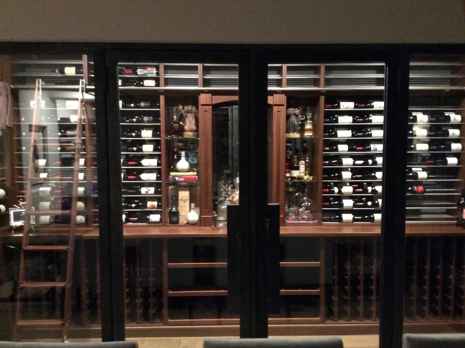 Back Wall in Orange County California Wine Cellar with All-Glass Doors