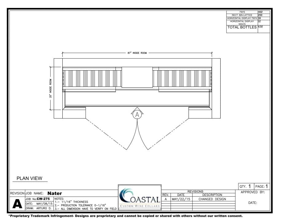 Plan Drawing Residential Wine Room Design with a Racking System for 632 Bottles