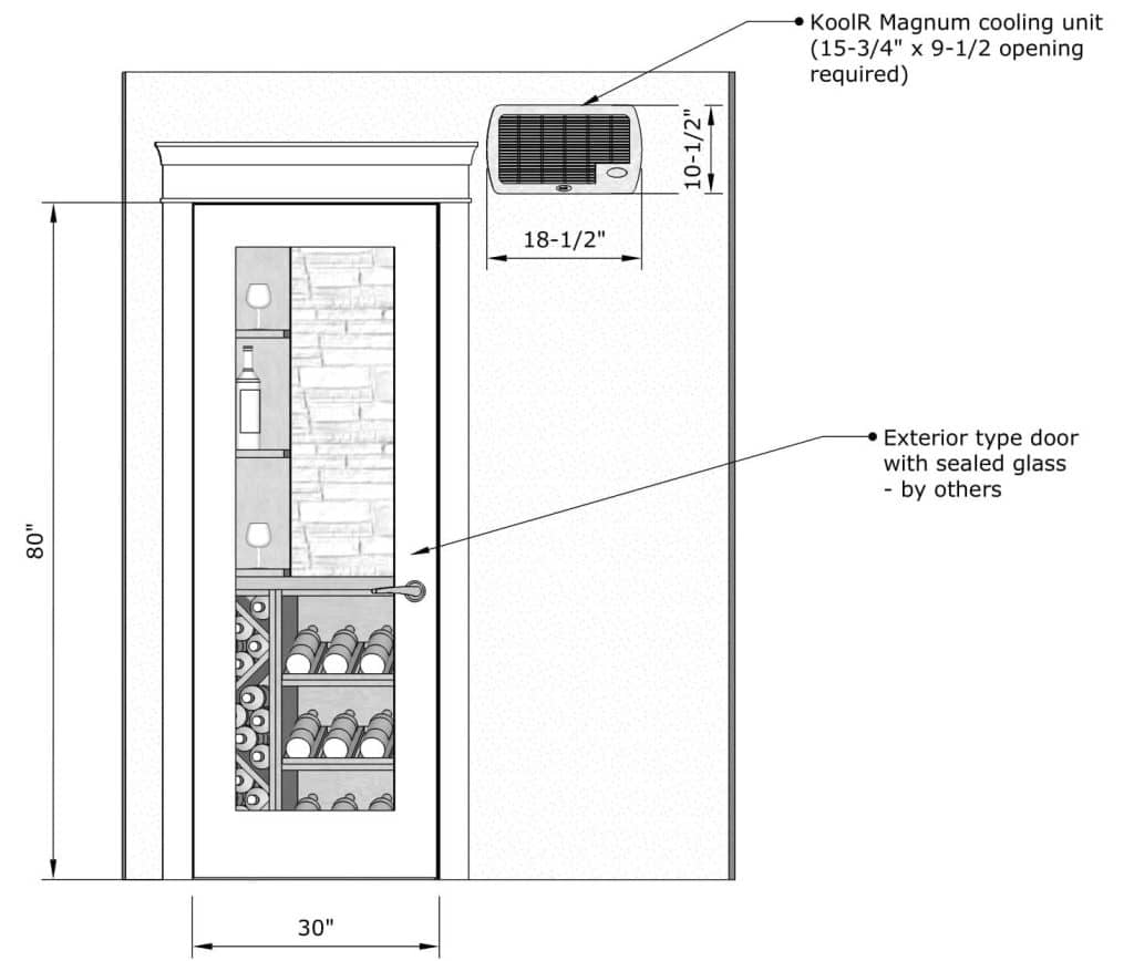 3D Wine Room Design Showing the Location of the Wine Cellar Cooling Unit in a Small Basement Wine Cellar