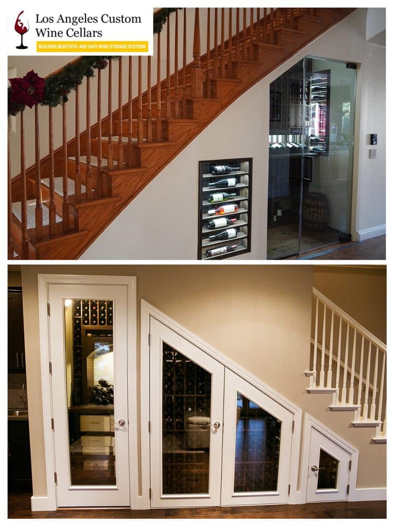 The photo involves two understairs wine cellar designs by CWC Los Angeles