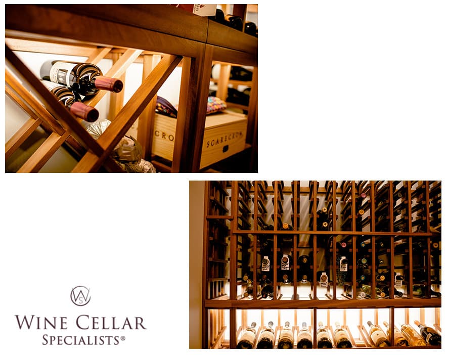 A wine cellar with sapele mahogany wine racks that display bottles in different orientations and heights