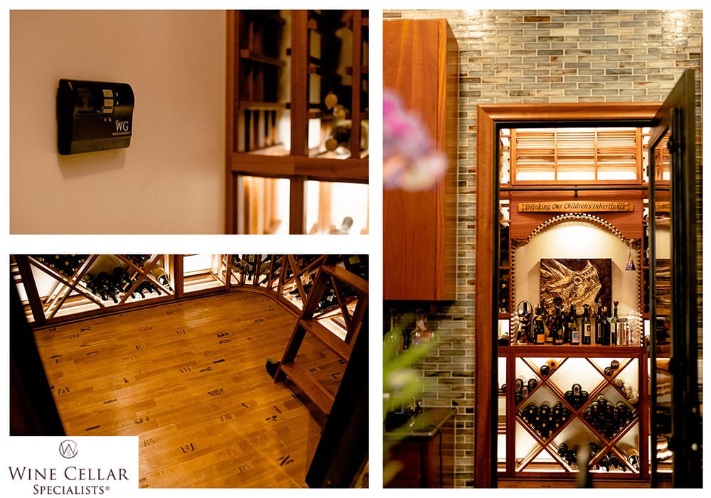 A sapele mahogany wooden wine rack that showcases a large wine collection in a transitional style, wooden floors that complement the wood tone and grain, a wine guardian cooling unit that ensures optimal wine storage conditions, and a vintage style glass door that enhances the aesthetic appeal of the wine cellar.