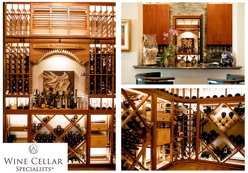 A wine room with a mahogany wood wine rack that holds hundreds of bottles in various sizes and shapes.