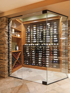Rustic Glass Wine Cellar with Wooden Wine Racks